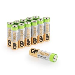 AA Batteri 1.5 Volt - Økonomipakke GP Super alkaline batteri AA 12 pakGPBatterier Guld AA Batteri 1.5 Volt - GP Super alkaline batteri AA. Økonomipakke med 12 stk. batterier.  Longlife alkaline batteri med god afstemning mellem levetid og pris. Kan anvendes til langt de fleste opgaver. AA Batterier betegnes også LR6, E91 eller Mignon. Diameter 14.5 mm. længde 50.5 mm. Et godt AA engangsbatteri til ure, fjernbetjeninger, lommelygter og meget mere. 