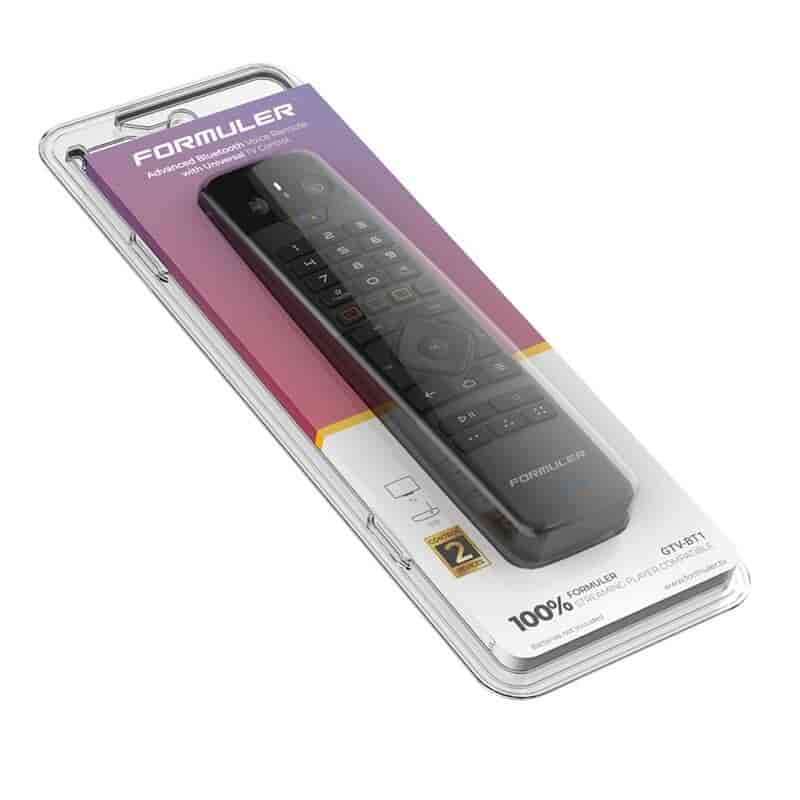 Formuler GTV-BT1 Advanced Bluetooth remote control with universal function IR + BTAdvanced Bluetooth voice remote control with Universal TV control. Formuler advanced hybrid Bluetooth Voice Remote controller is specially designed to optimize your TV and media experience. Universal infrared programmability for TV control and software programmable shortcut keys give you flexible control options. Premium intuitive design and functionality. The GTV-BT1 remote control is highly optimized to easily control all the necessary functions on your Formuler streaming device and your TV.Formuler