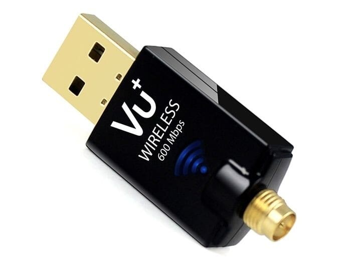VU + ® Dual Band Wireless USB 2.0 Adapter 600 Mbps including antenna, 2.4 GHz + 5.0 GHzThe WiFi stick makes it possible to establish a stable WiFi connection with data speeds of up to 433 Mbit / s. Long range can be achieved with the help of the included High Gain antenna. The WiFi stick is the perfect solution for your VU + set-top boxes to integrate them wirelessly in the home network or to forward the router / modem's Internet connection to the Vu + receiver.VU+