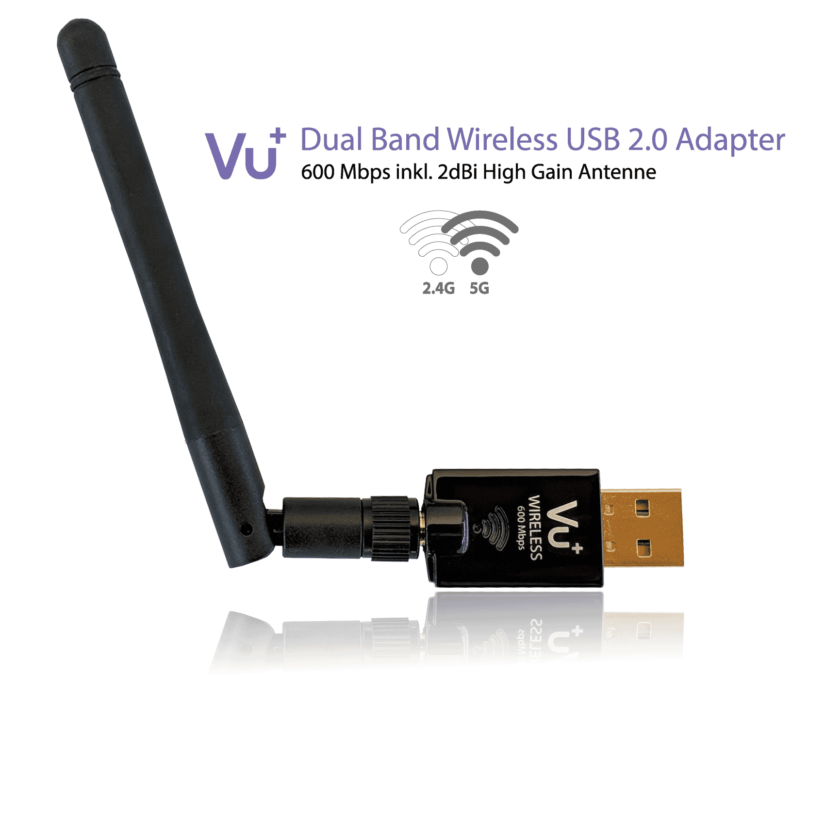 VU + ® Dual Band Wireless USB 2.0 Adapter 600 Mbps including antenna, 2.4 GHz + 5.0 GHzThe WiFi stick makes it possible to establish a stable WiFi connection with data speeds of up to 433 Mbit / s. Long range can be achieved with the help of the included High Gain antenna. The WiFi stick is the perfect solution for your VU + set-top boxes to integrate them wirelessly in the home network or to forward the router / modem's Internet connection to the Vu + receiver.VU+