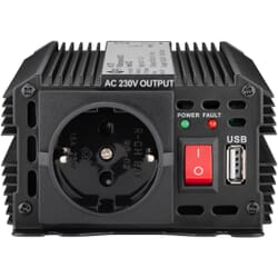 Inverter DC/AC, black - converts 12 V DC to 230 V AC - On-Off switch, USB plug and indicators all placed on front