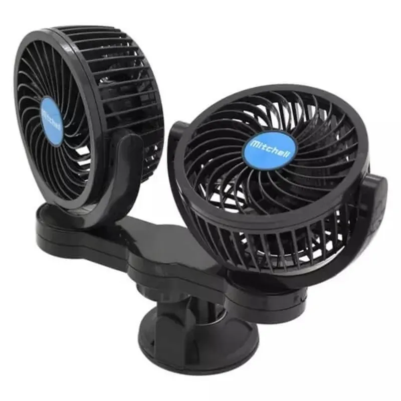 12V double car fan - adjustable fans with a robust stand and suction cup. 12V double car fan - adjustable fans with a robust stand and suction cup.